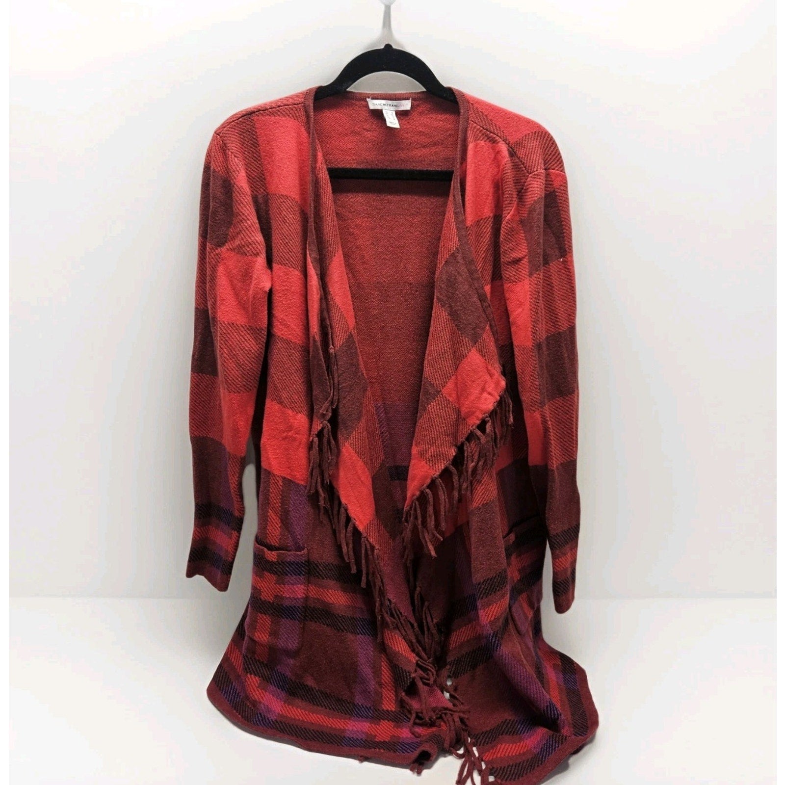 Isaac Mizrahi Red Multi Plaid Fringe Trim Open Front Cardigan Sweater Small