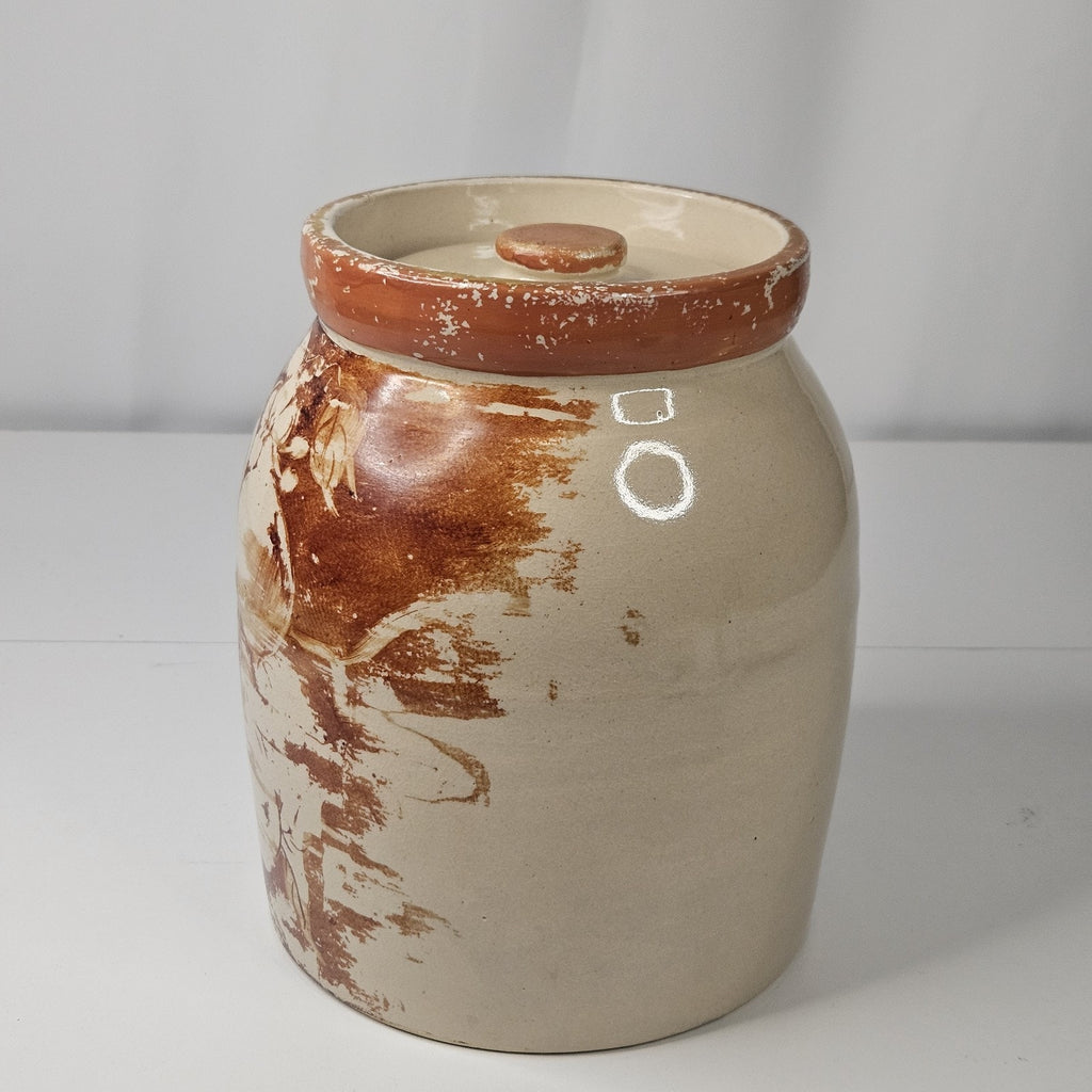 Vintage Glazed Pottery Abstract Fruit Print Cookie Jar Retro Kitchen Storage