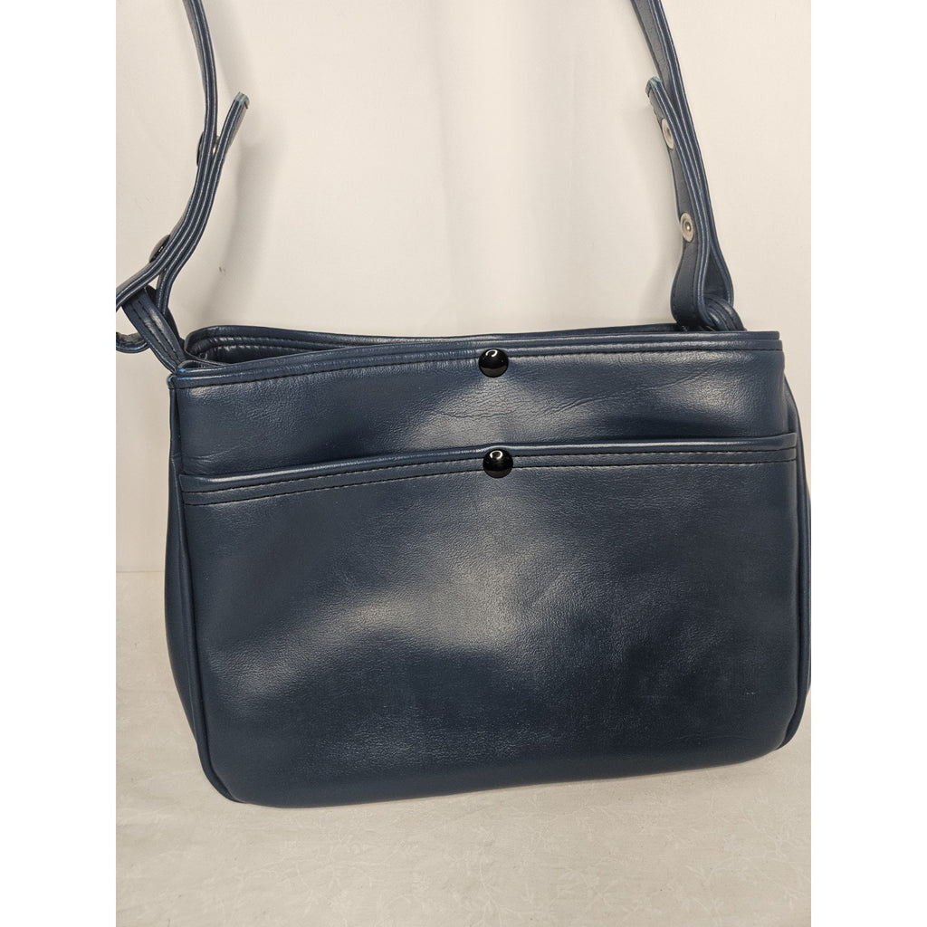 Vintage 70s Handmade Blue Leather Tote Handbag Purse Shoulder Bag Classic