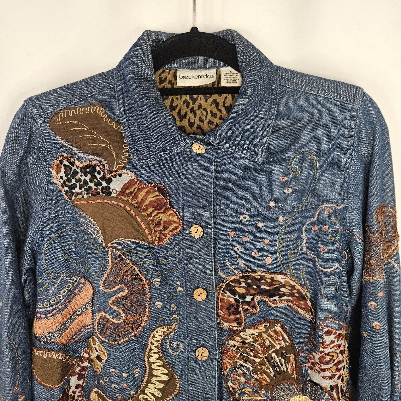 Vintage Boho Patchwork Embroidered Blue Denim Shirt Top Size Small Artsy Cottage