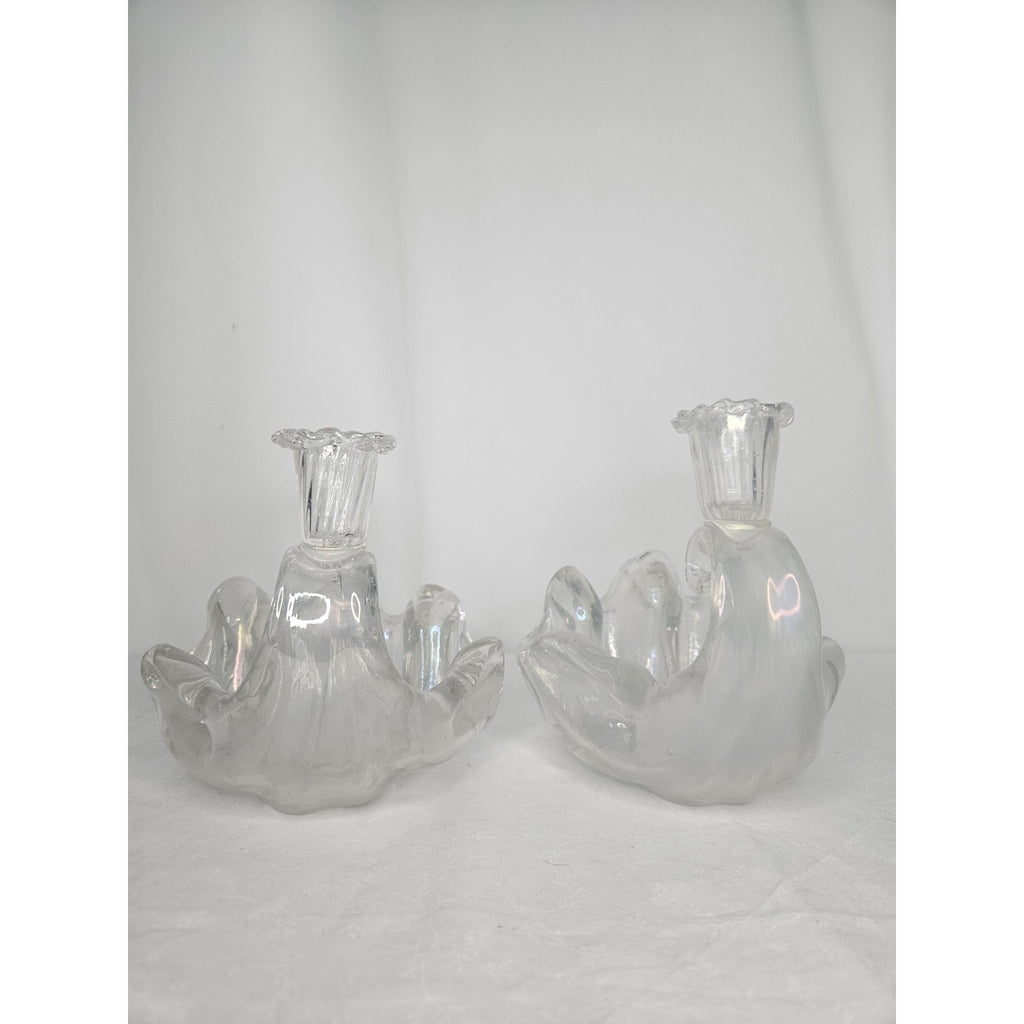 Vtg Murano Barovier Glass Ribbed Shell Candle Stick Holder Iridescent Bowl Set 2