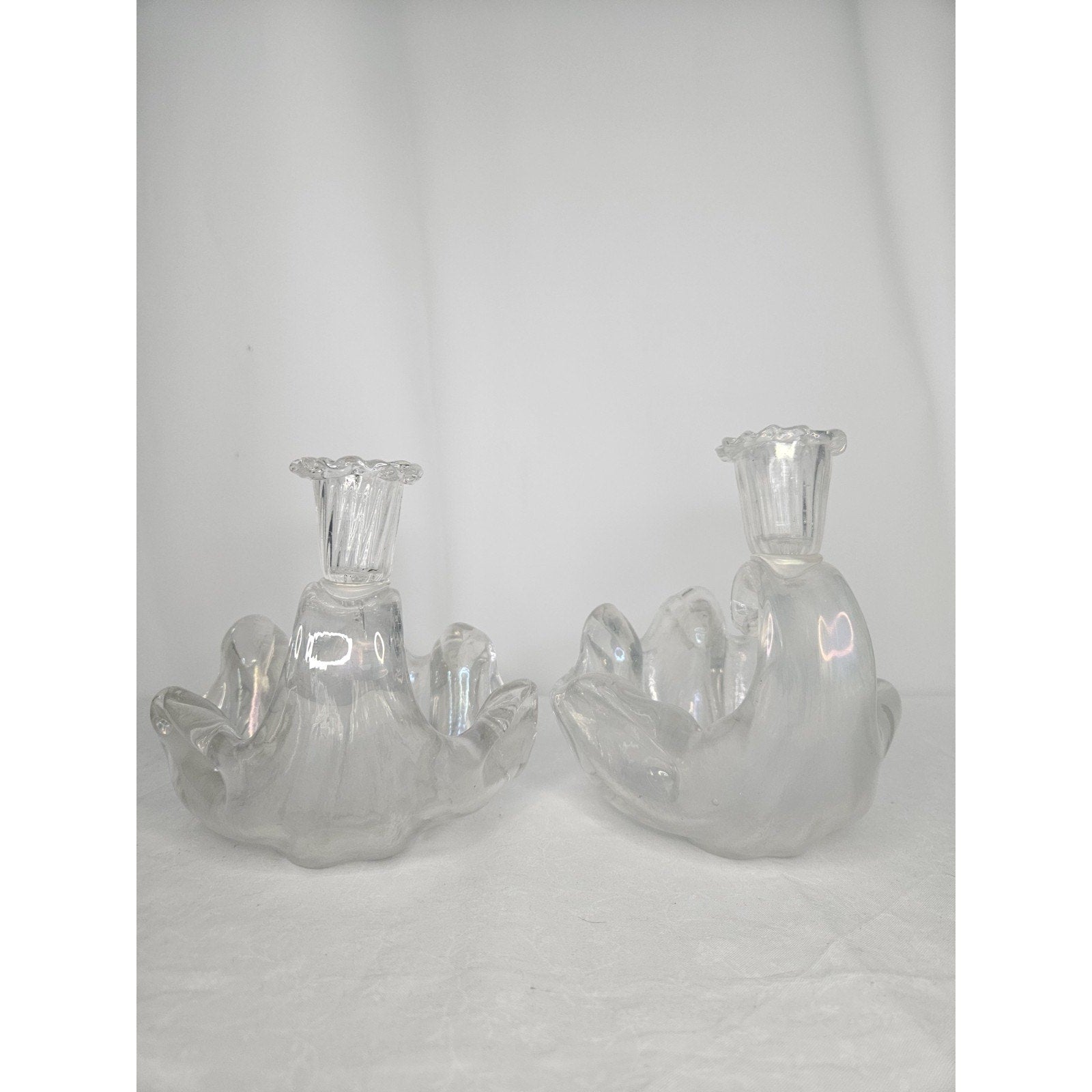 Vtg Murano Barovier Glass Ribbed Shell Candle Stick Holder Iridescent Bowl Set 2