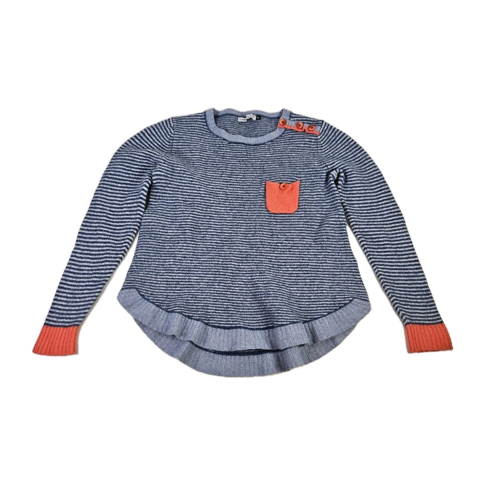 Zaket & Plover Merino Wool Blend Crewneck Blue Striped Sweater Size Medium