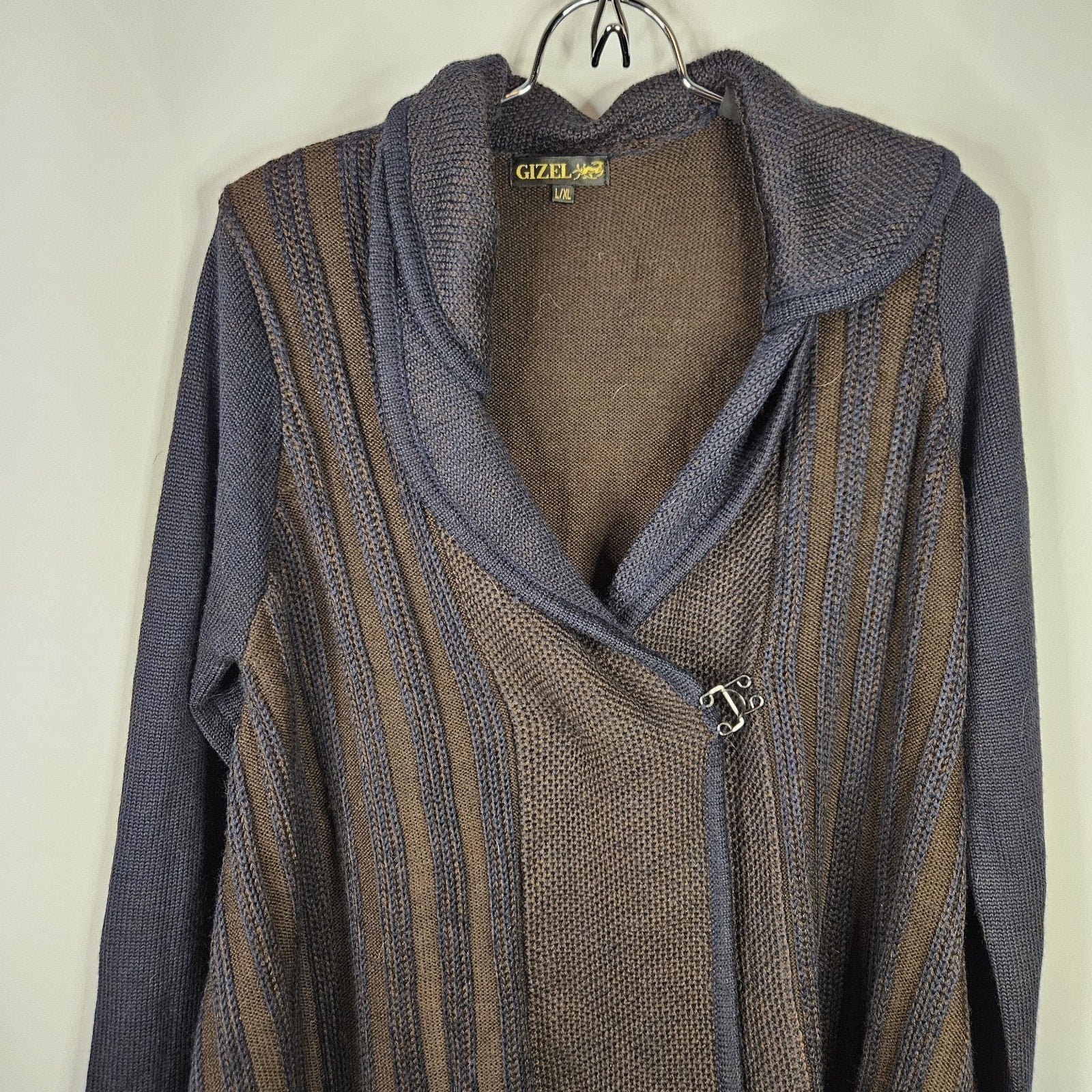 Woman’s Gizel Blue & Brown Block Design Sweater Jacket Acrylic Wool Blend L/XL