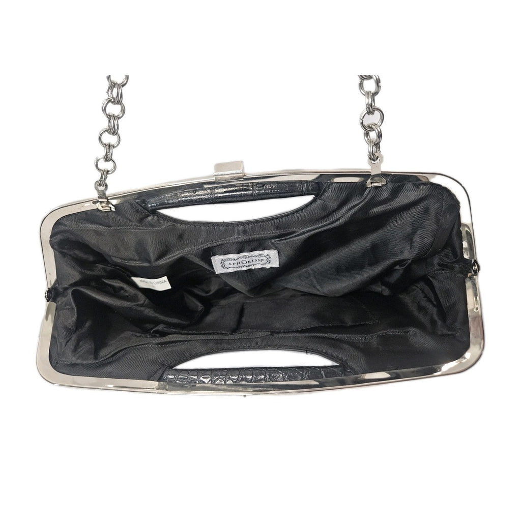 Aphorism Black Clutch Purse Faux Leather Crocodile Design Chain Strap