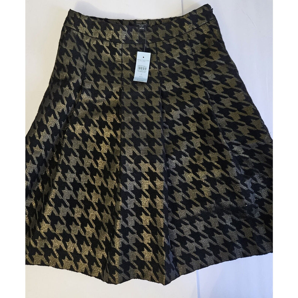 NWT Ann Taylor Factory Petite Sz 2 Black & Shimmer Gold Herringbone w Pleats