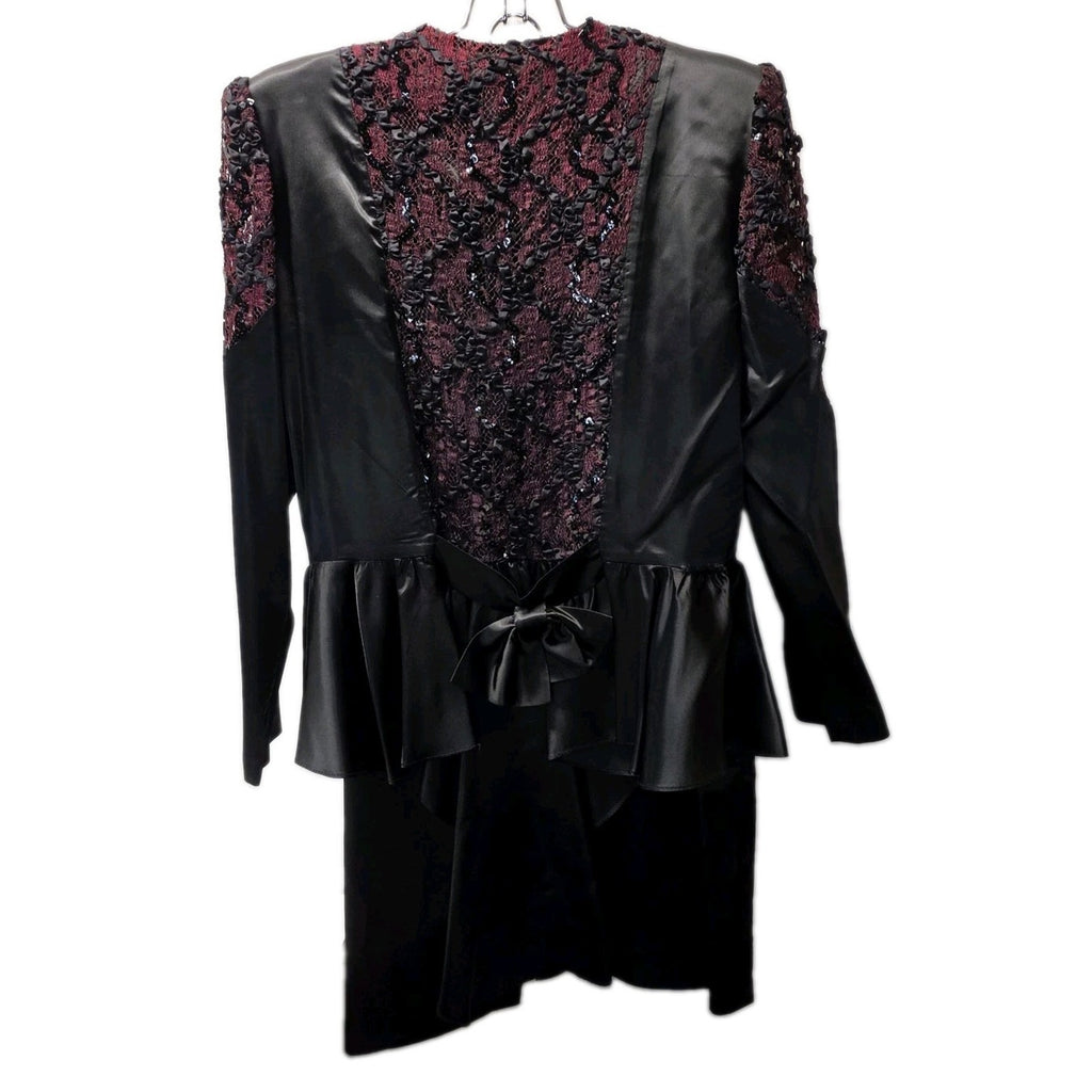 Vintage 1980s Skirt Suit Black Satin Peplum Jacket Blazer Embellished Lace Sz 14