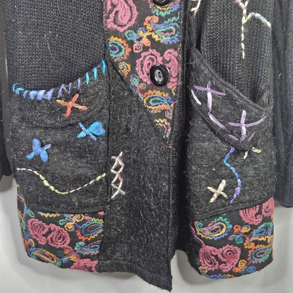 Liquid By Sioni Black Knit Wearable Art Wool Mohair Sweater Cardigan Boho Medium