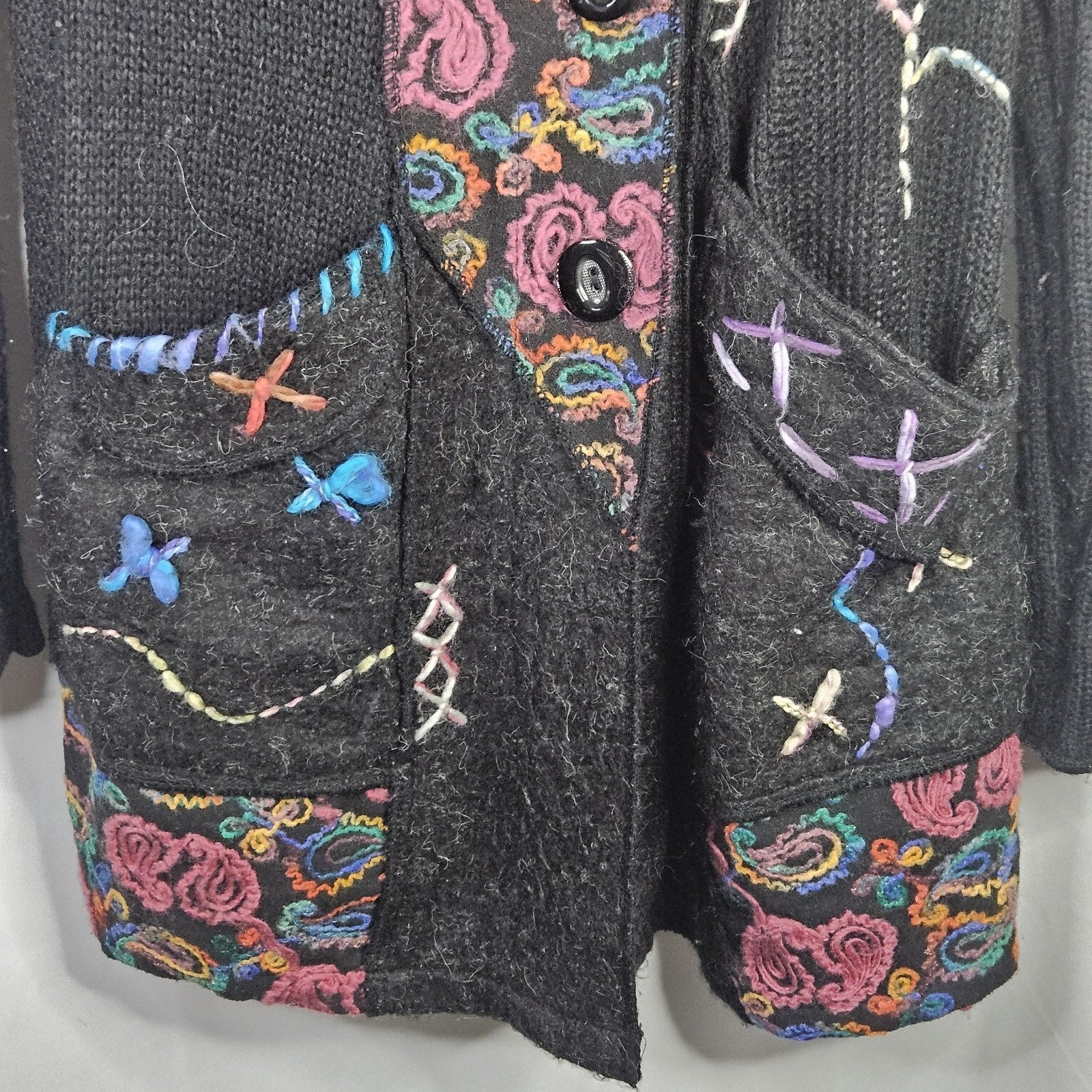 Liquid By Sioni Black Knit Wearable Art Wool Mohair Sweater Cardigan Boho Medium