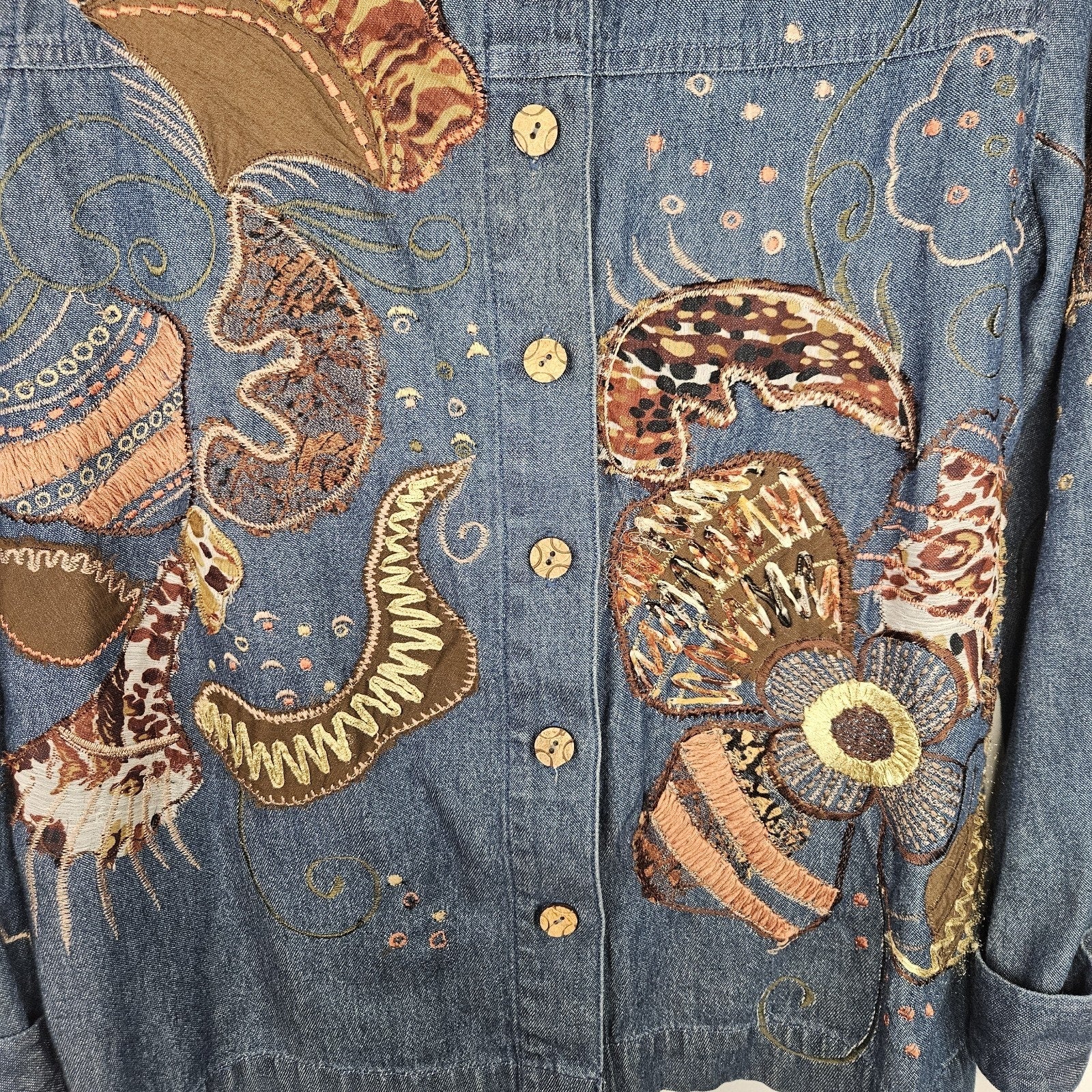 Vintage Boho Patchwork Embroidered Blue Denim Shirt Top Size Small Artsy Cottage