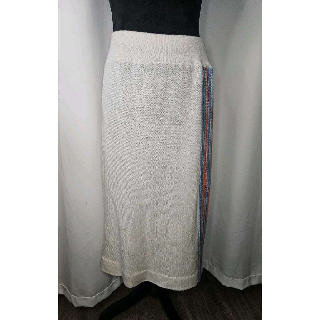 Vintage 80s Sweater Skirt Rainbow Striped Knit Pencil w/ Elastic Small Midi