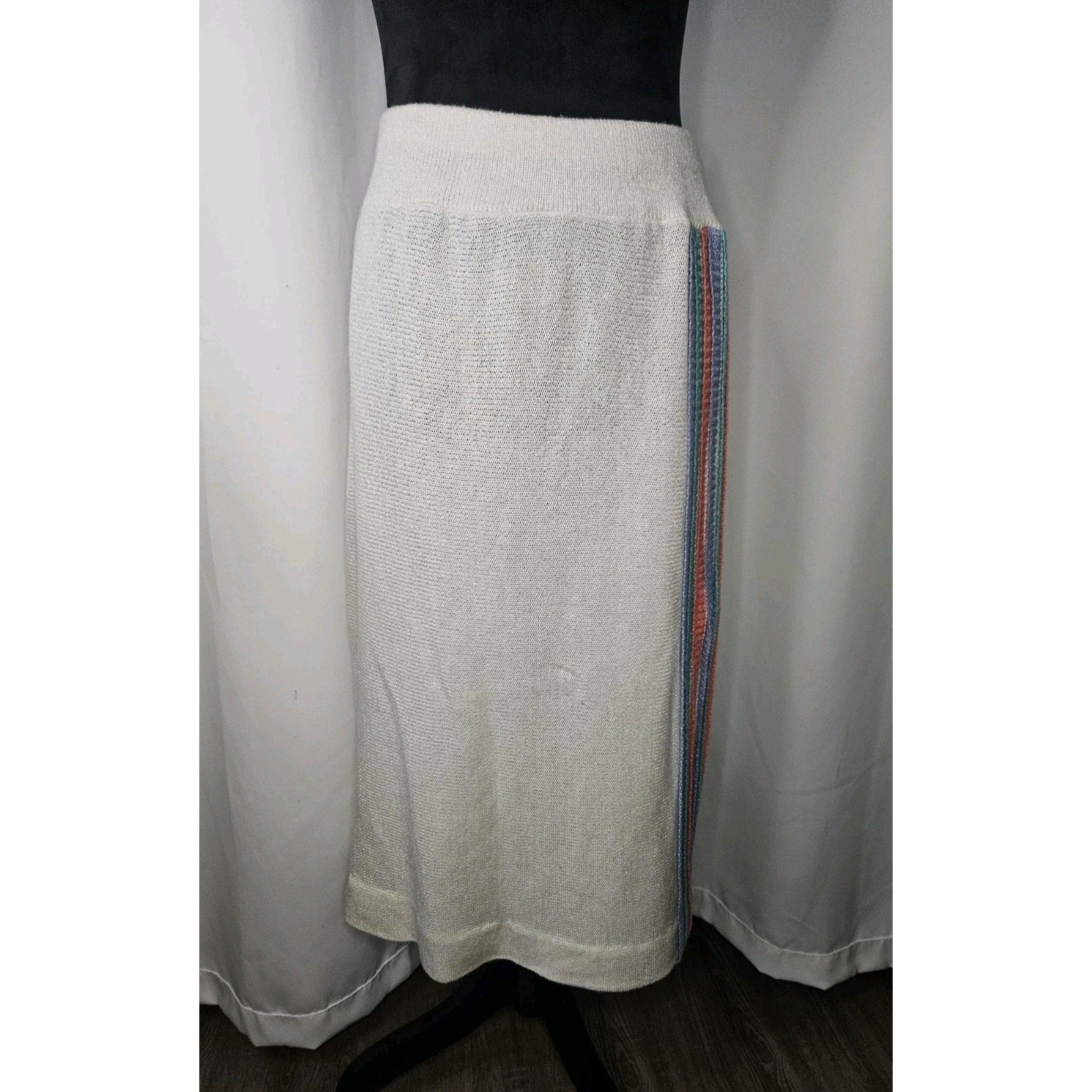Vintage 80s Sweater Skirt Rainbow Striped Knit Pencil w/ Elastic Small Midi