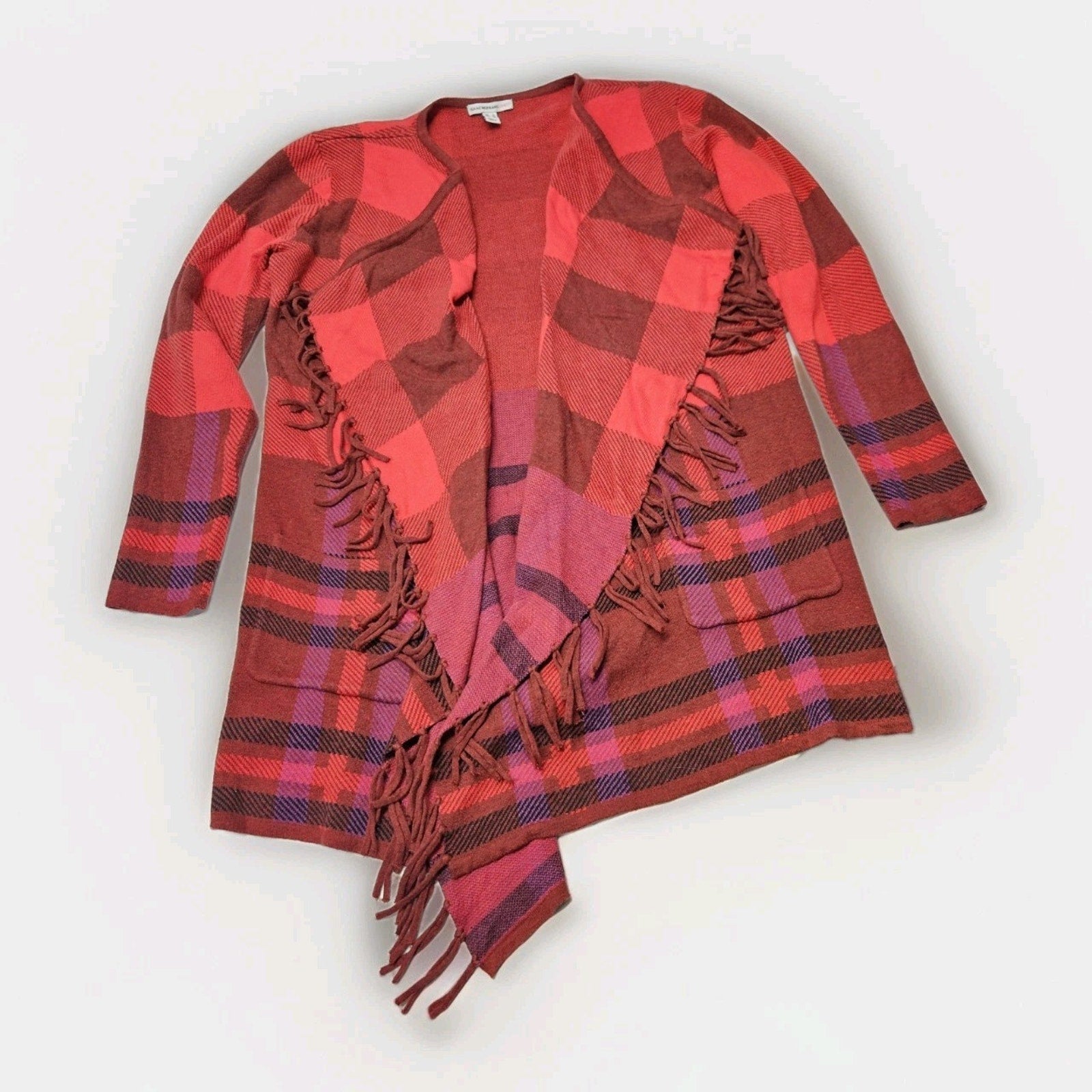 Isaac Mizrahi Red Multi Plaid Fringe Trim Open Front Cardigan Sweater Small