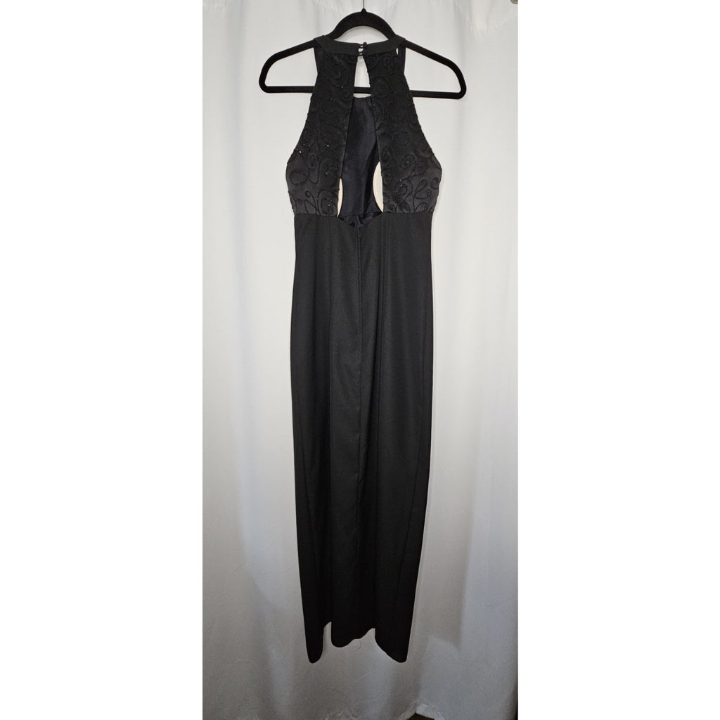 Vintage Hand Stitched Brocade Bodice Halter Dress Black Size 10 Evening Gown