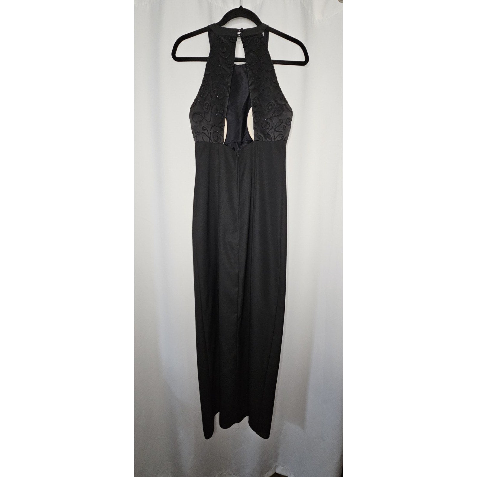 Vintage Hand Stitched Brocade Bodice Halter Dress Black Size 10 Evening Gown