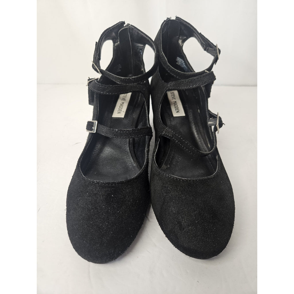 Steve Madden Black Suede Round Toe Pump Triple Adj Strap 2 Heel HEDLEY Size 8.5M