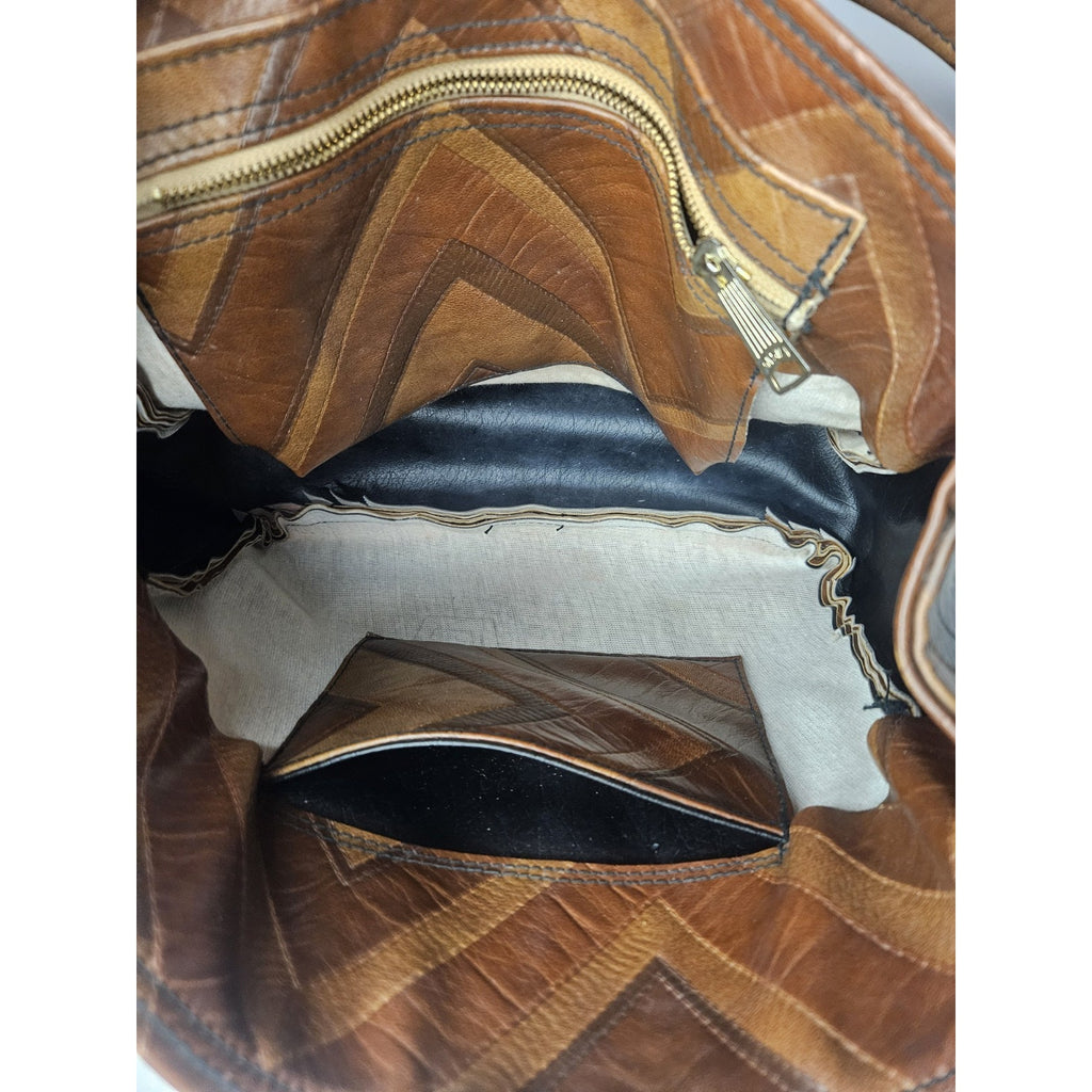 Vintage 70s Handmade Faux Leather Brown Tote Handbag Purse Shoulder Bag Chevron