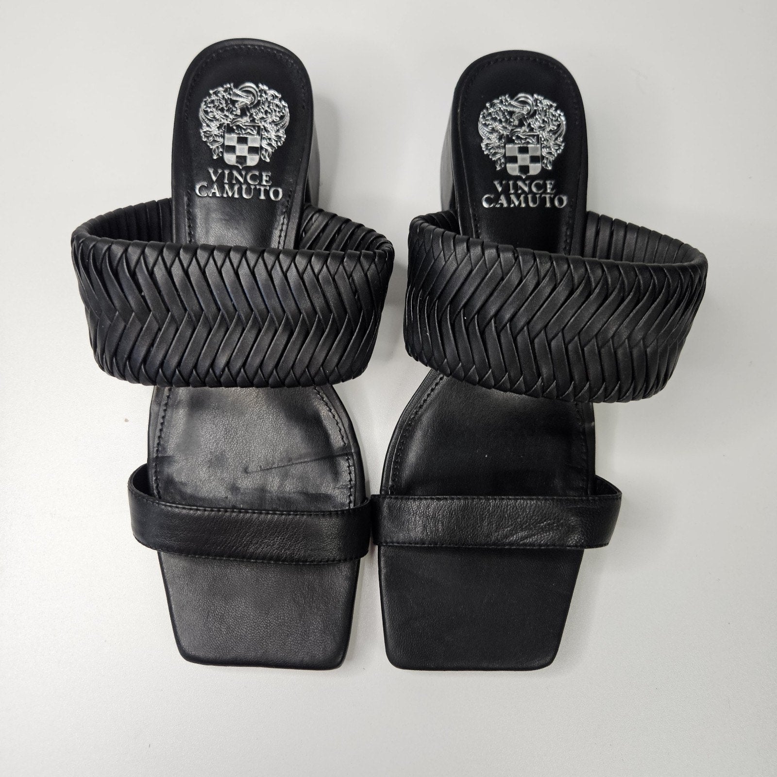 Vince Camuto Shamira Black Leather Woven Block Heel Sandals Womens 7.5M MSRP $99