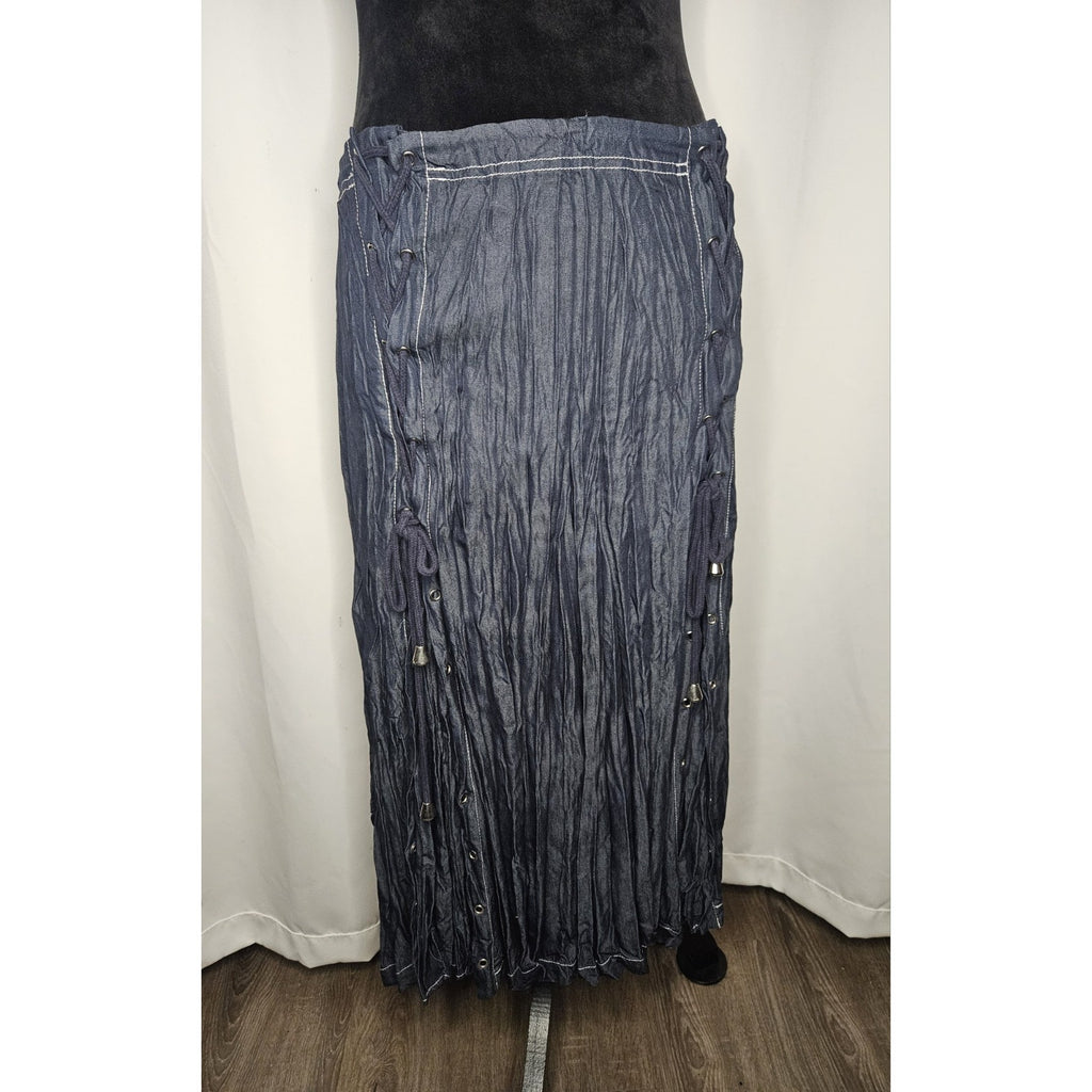 Monroe And Main Denim Lace Up Midi Skirt Crinkled Denim Size XL Dark Wash Boho