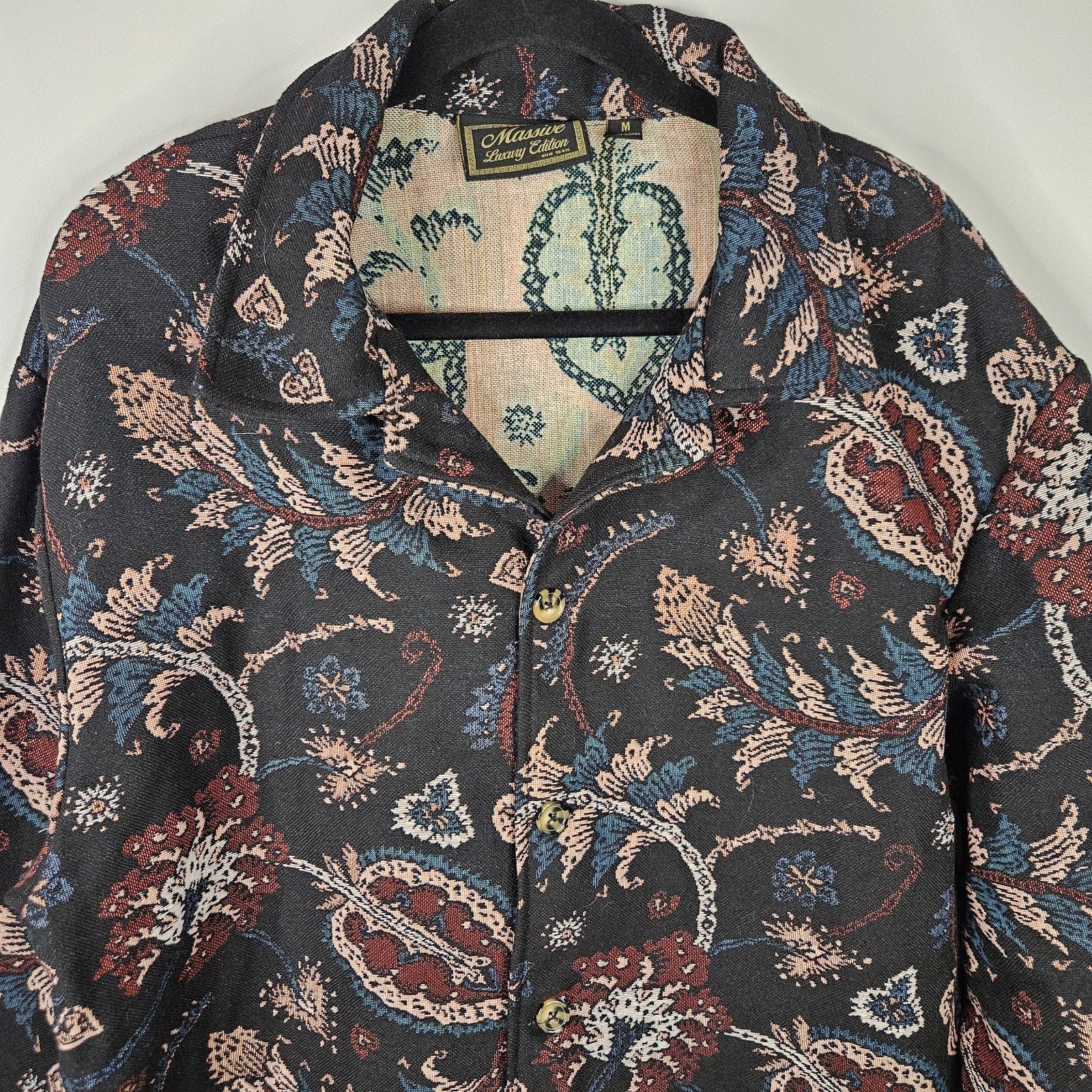 Massive Luxury Mens Tapestry Jacket Medium Black Pink Paisley Retro Baroque