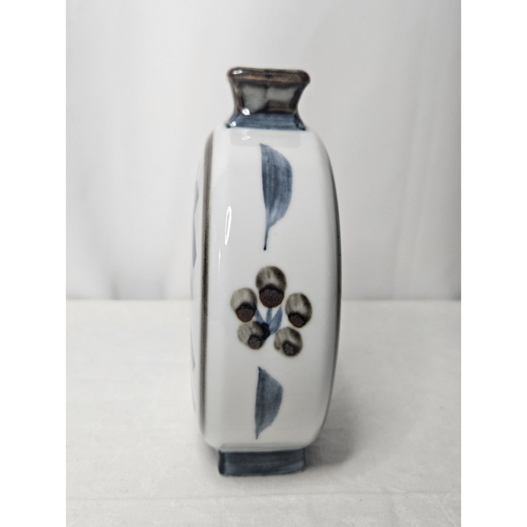 Vintage Japanese Flask Shaped Glazed Blue and White Pottery Vase Embossed Mark