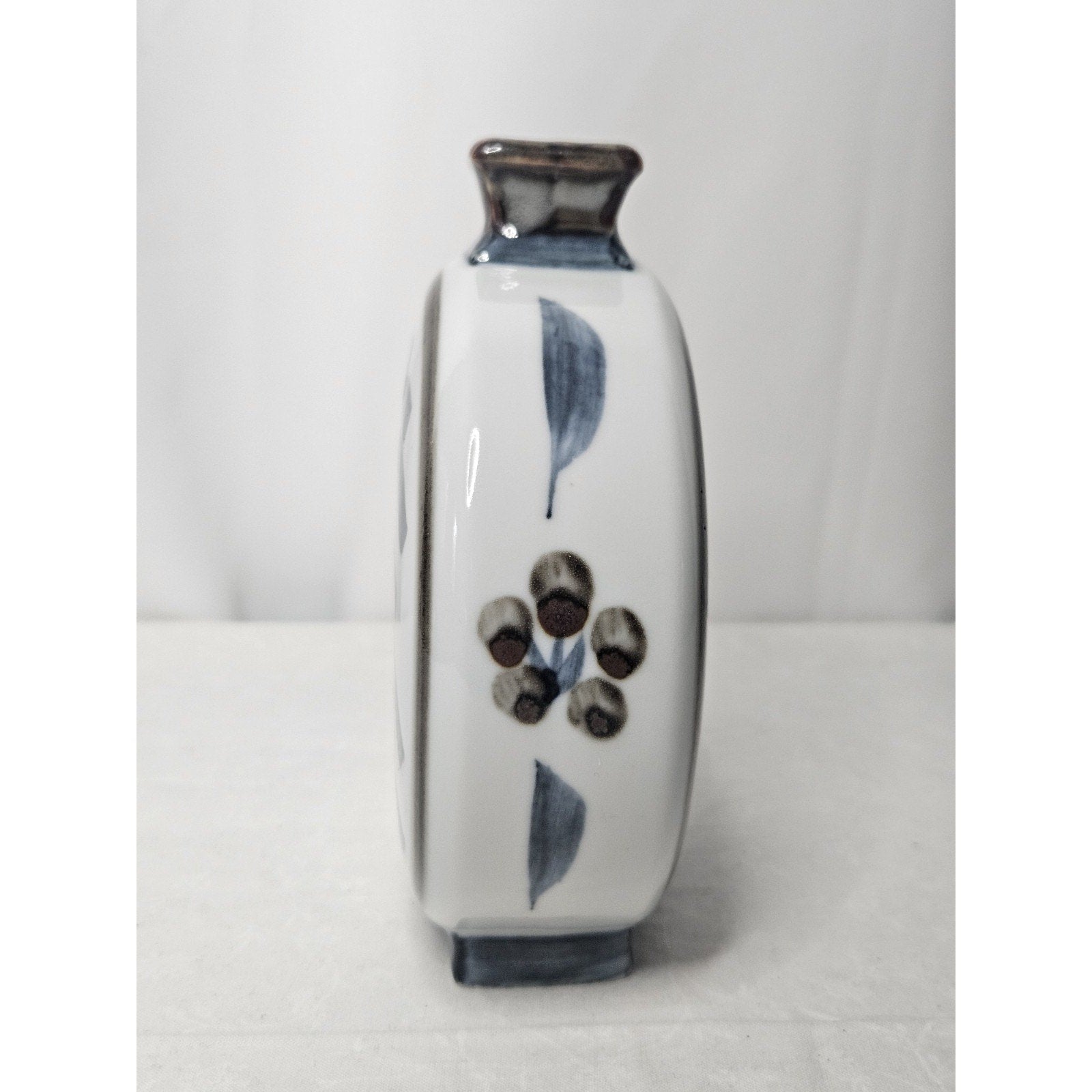 Vintage Japanese Flask Shaped Glazed Blue and White Pottery Vase Embossed Mark