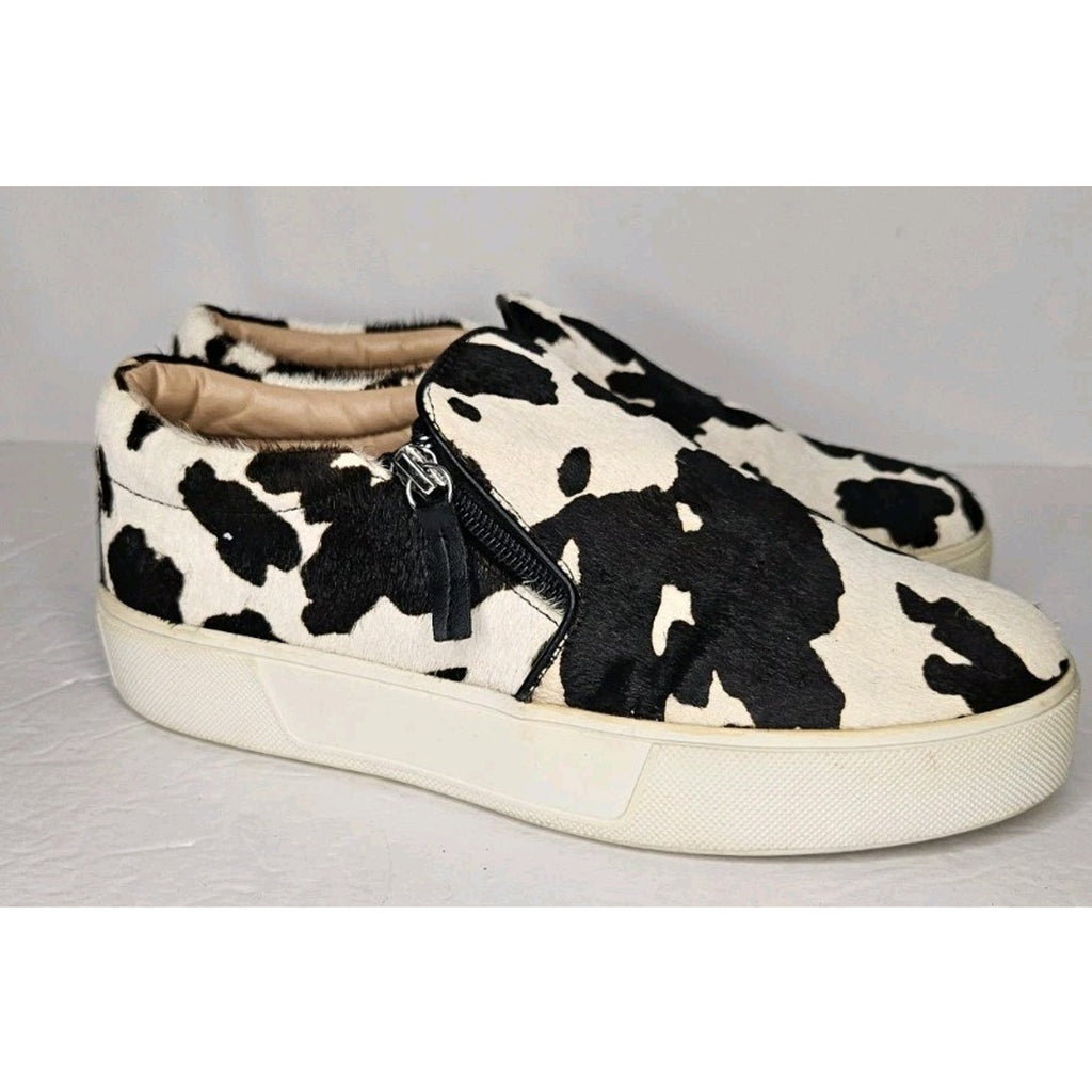 Very Volatile Women's Size 7.5 Normande Sneakers Black White Cow Print Real Fur