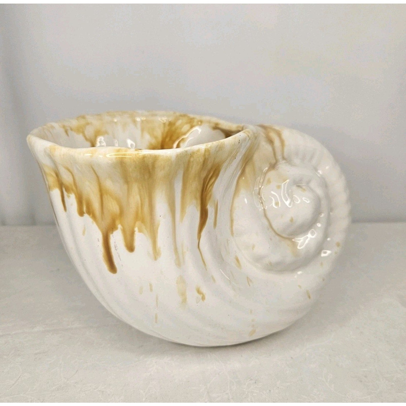 Vintage Sea Shell Nautilus Glazed Terra Cotta Herb Planter Garden Shelf Decor