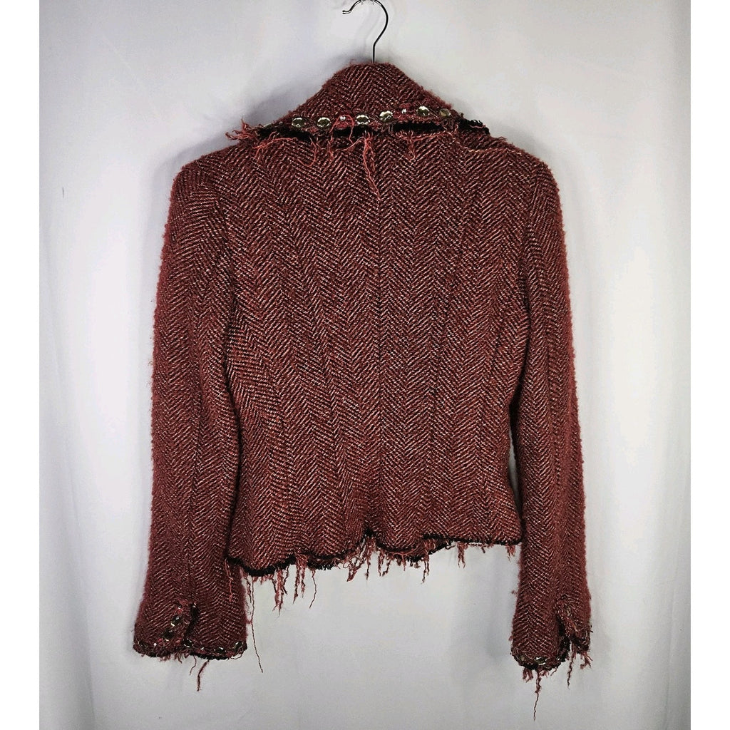 Vtg Y2K Funkyard Fabulous Till End Maroon Embellished Tweed Jacket Medium Wool B
