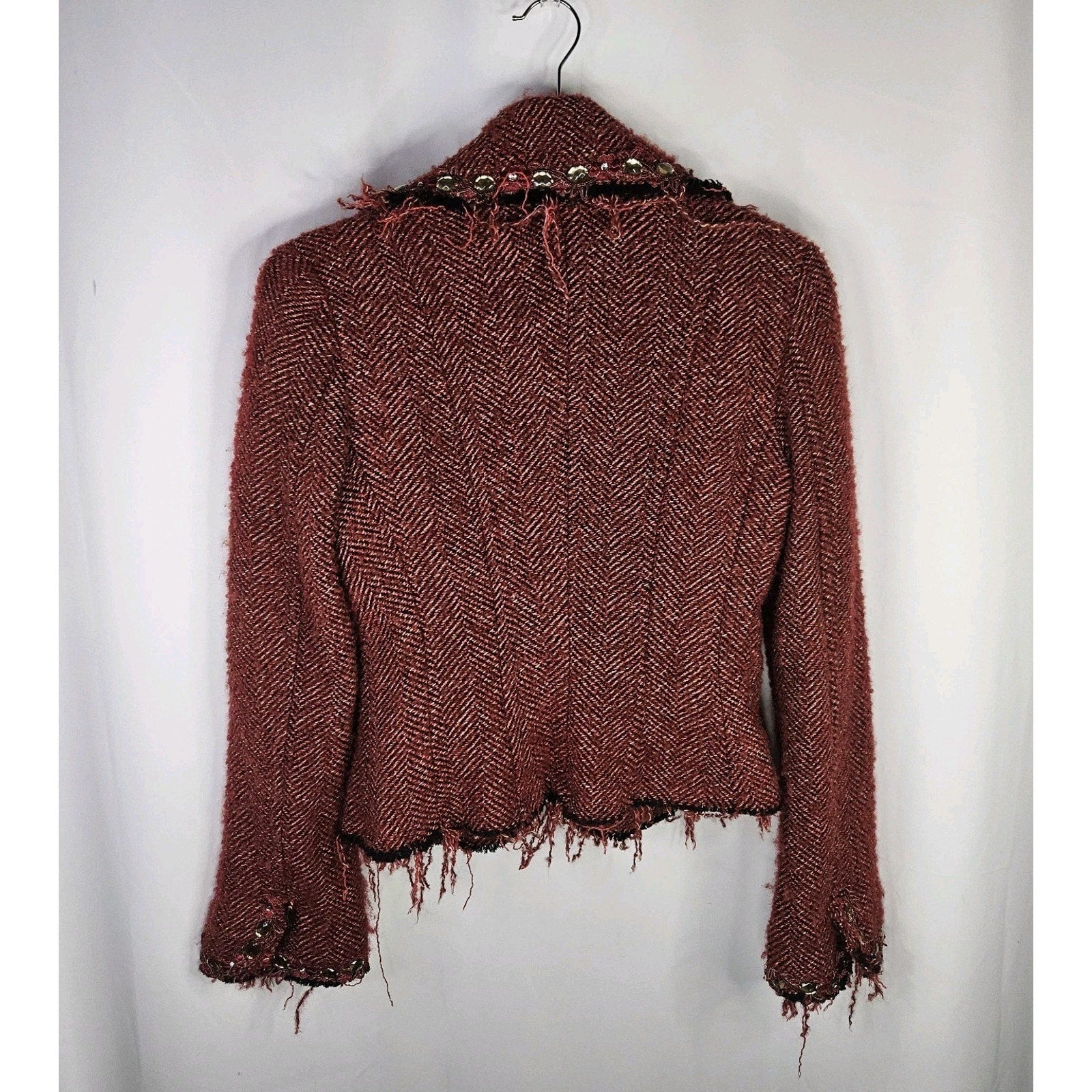 Vtg Y2K Funkyard Fabulous Till End Maroon Embellished Tweed Jacket Medium Wool B