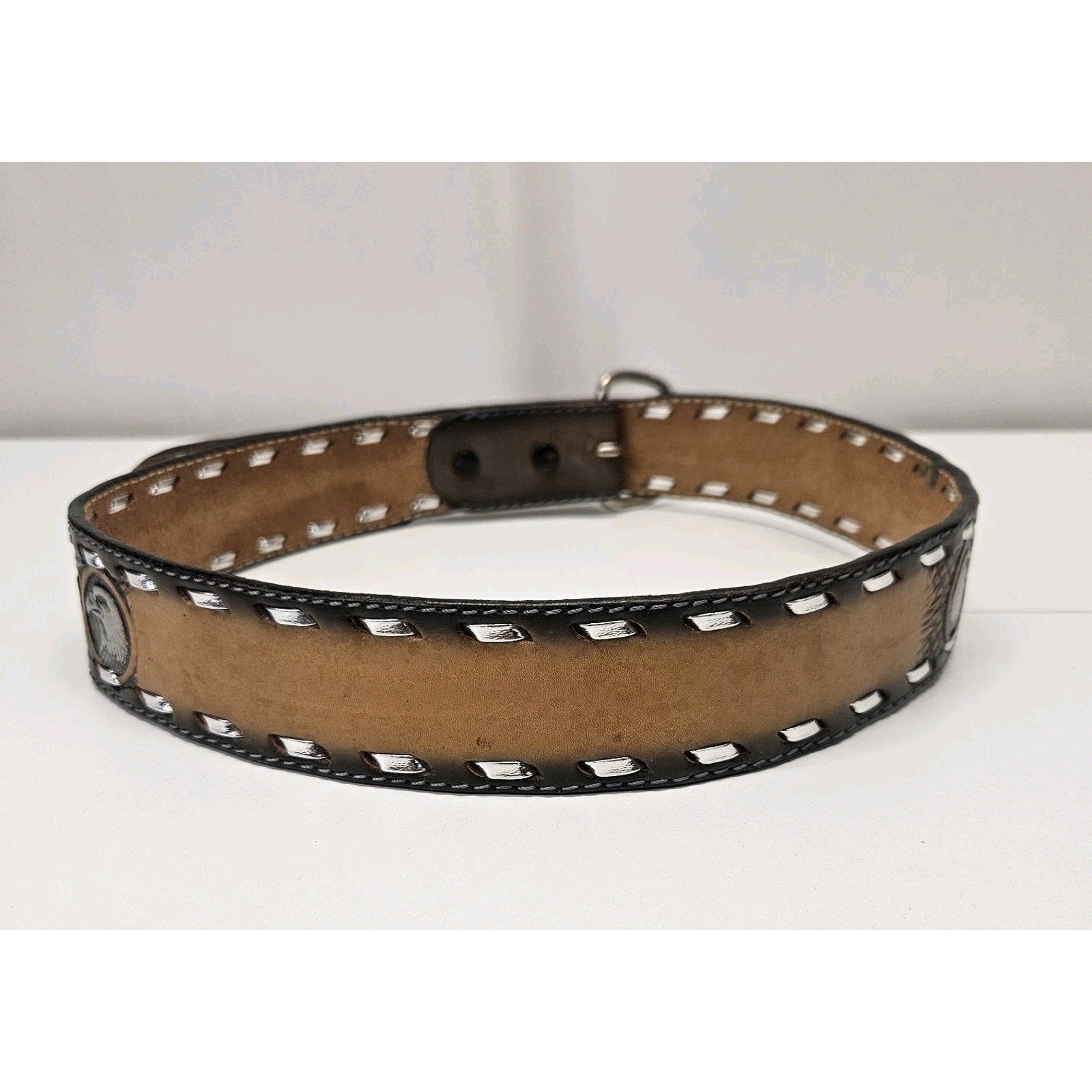 Datoka Full Grain Cowhide Sz 32 Black Leather Belt Painted Embossed Eagles USA