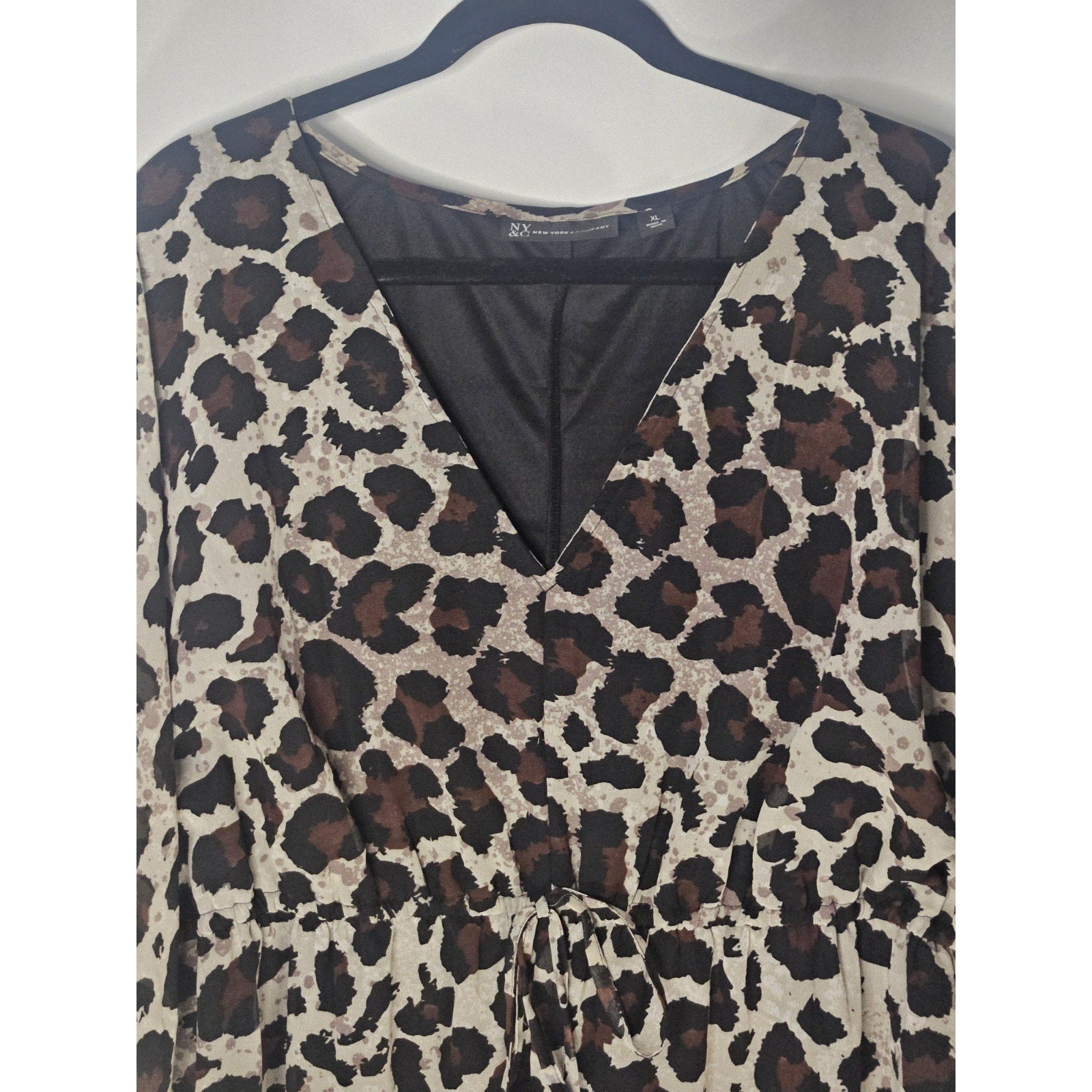 New York & Company Leopard Print Chiffon Short Sleeve Maxi Dress XL V Neck