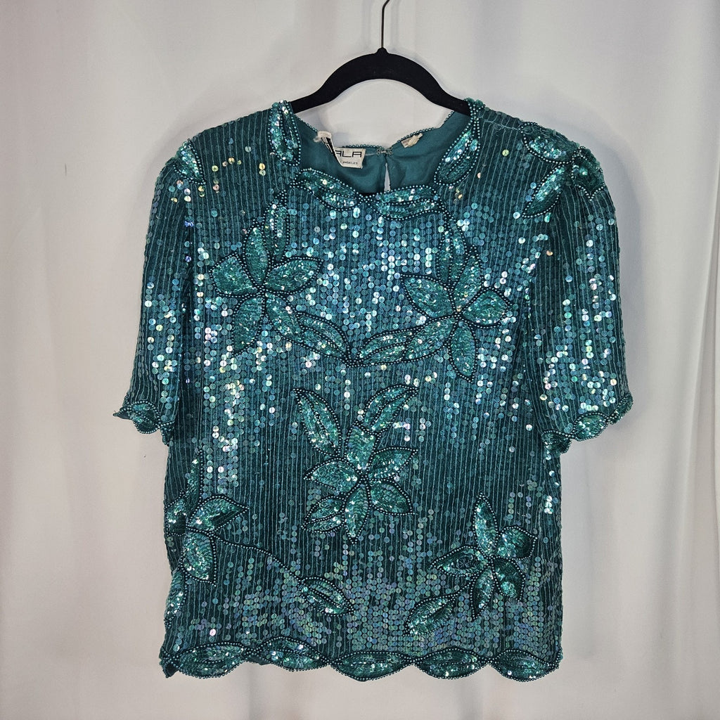 90's Teal Green Floral Sequin Beaded Silk Formal Top Party Gatsby Glam Large