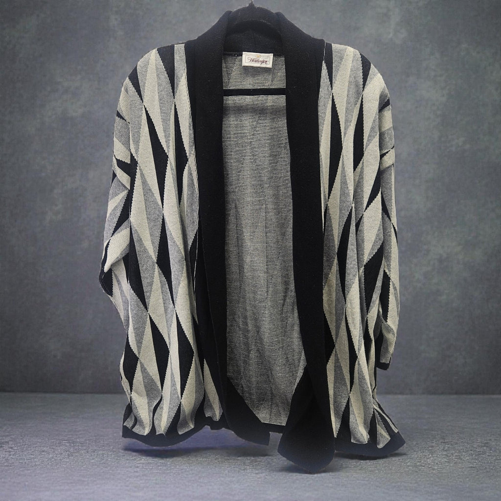 Vintage 80s Worthington Geometric Long Knit Sweater Cardigan XL Boho Gray USA