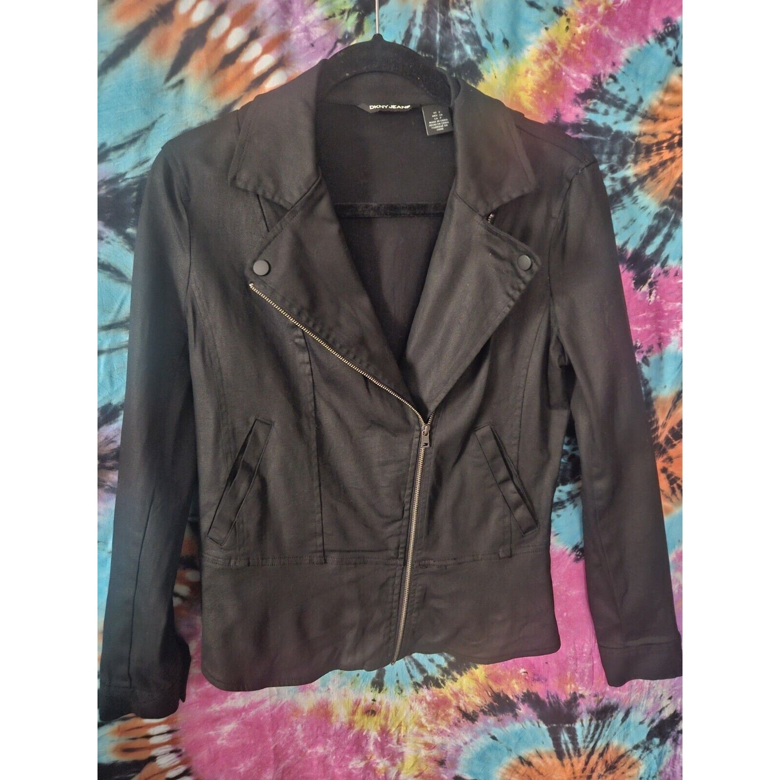 DKNY Jeans Black Moto Zip Jacket Stretch Cotton Full Zip Biker Jacket Size Small
