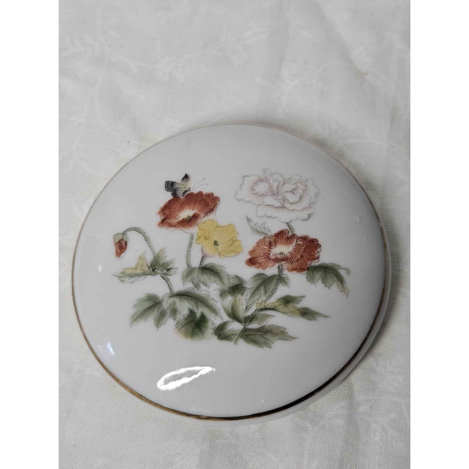 Takahashi San Francisco Floral Ceramic Covered Trinket Jewelry Box w/Gold Trim