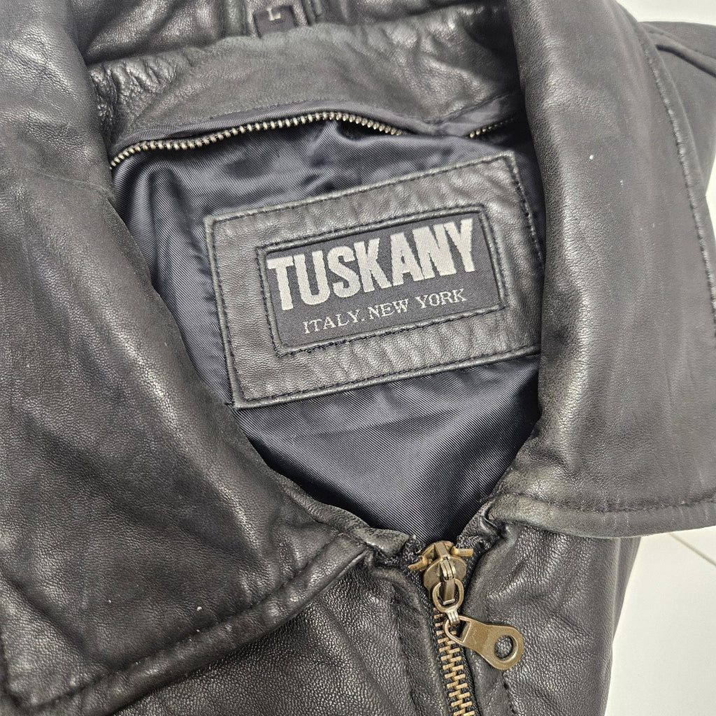 Vintage Tuskany Italian Leather Jacket Black Midi Coat Men's Large