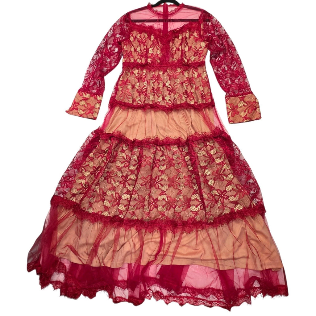 Sheer Mesh Contrast Lace Hollow Embroidered Mesh Waist-Cinched Maxi Large Red Dress