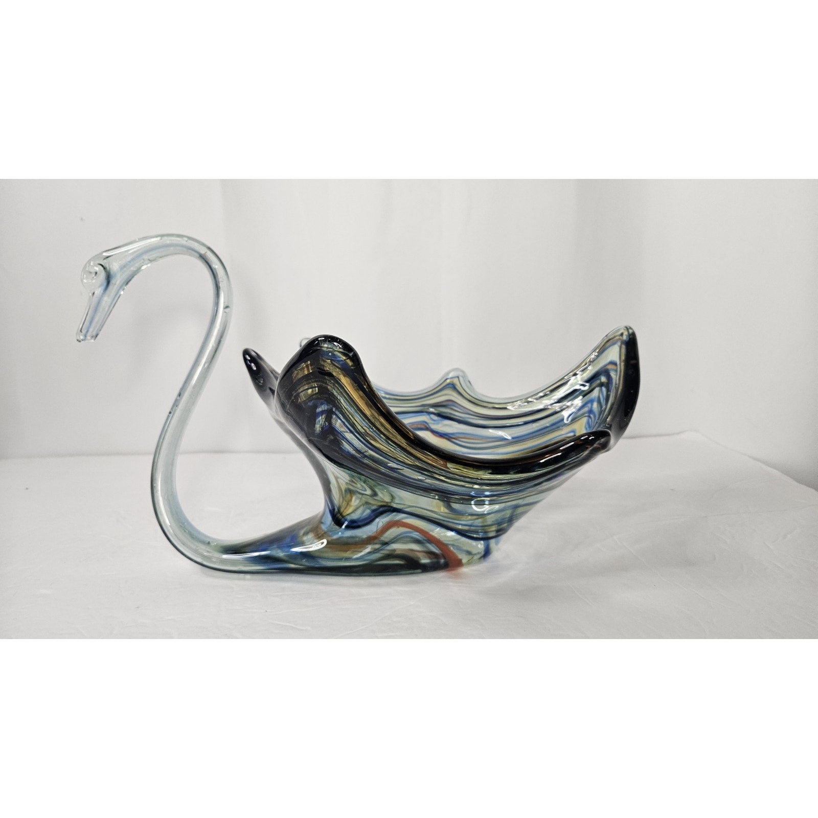 Vintage Large Hand Blown Glass Multi-Colored Swan Bowl Centerpiece 12"