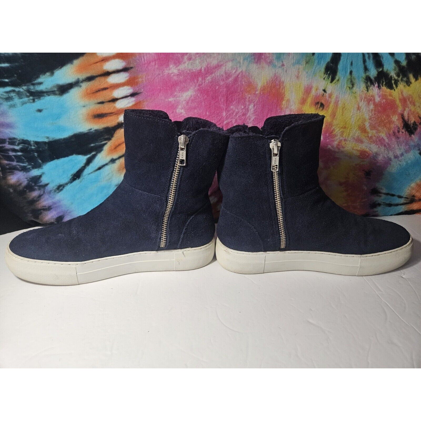 J/Slides NYC Navy Blue Suede Leather Platform Boots Size 7 Zipper Boot Shoes
