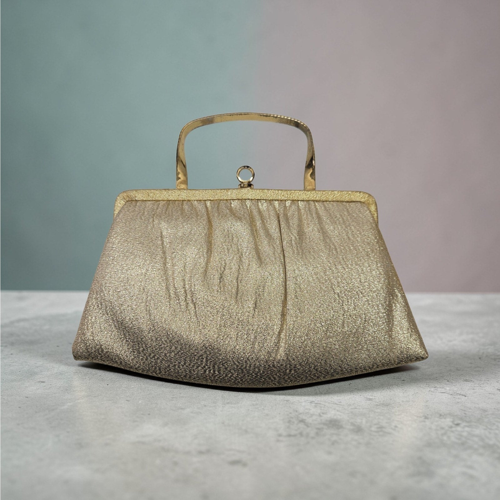 Vintage 60s Ande Shimmering Gold Evening Party Clutch Handbag Purse Twist Handle