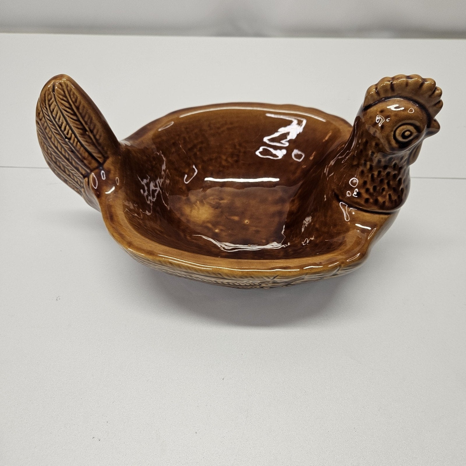 Vintage Brown Ceramic Glazed Chicken Serving Dish Turine Retro Country Kitchen