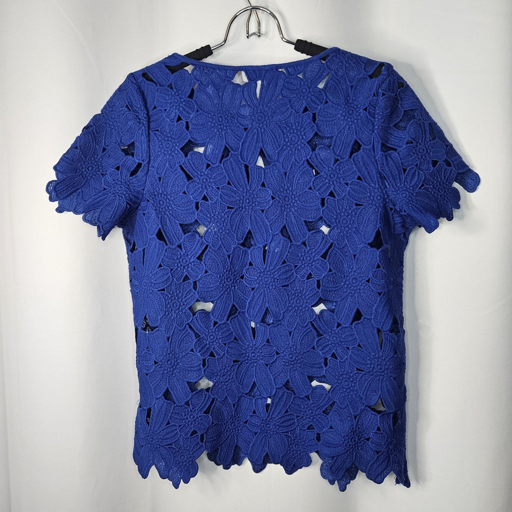 Vintage Cobalt Blue Guipure Cut Out Lace Short Sleeve Top Small Holiday Retro