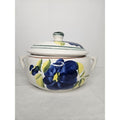 Vtg Mexican Hand Made Painted Decorative Lidded Bean Pot Blue Floral Casserole