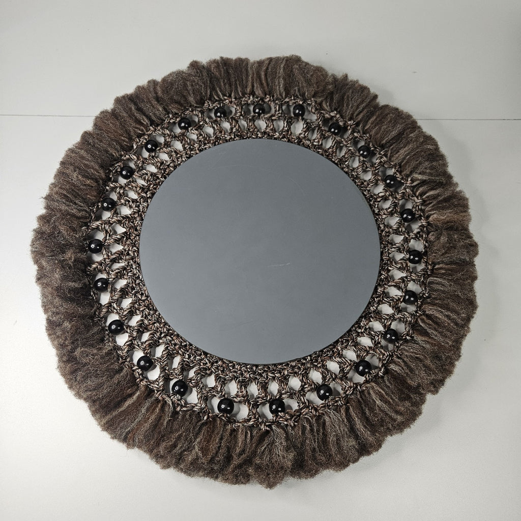 Vintage Large Macrame Wood Beaded Hanging Mirror 22" Boho Chic 70s Inspired