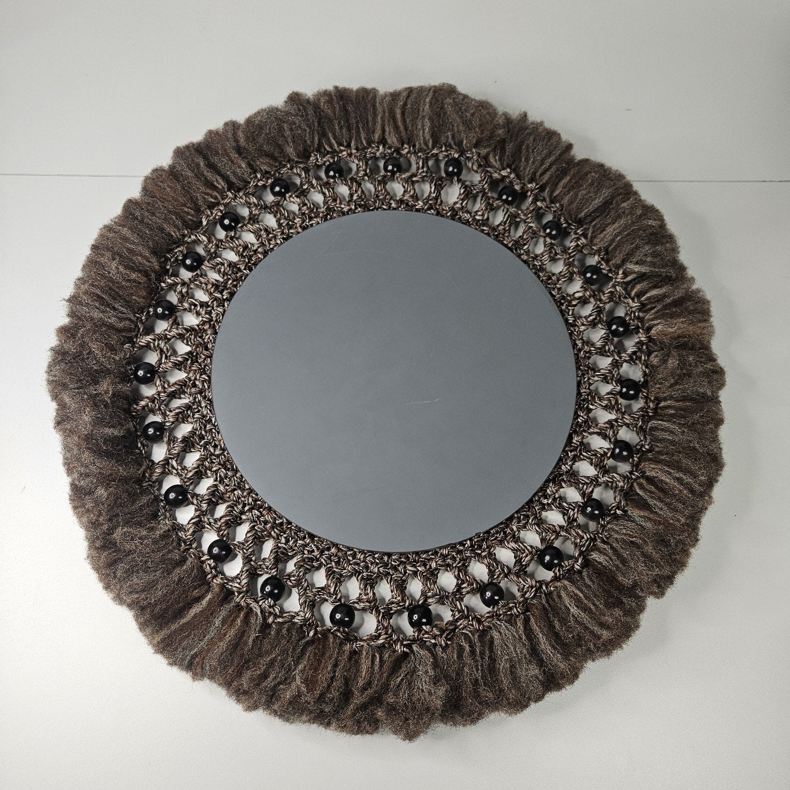 Vintage Large Macrame Wood Beaded Hanging Mirror 22" Boho Chic 70s Inspired