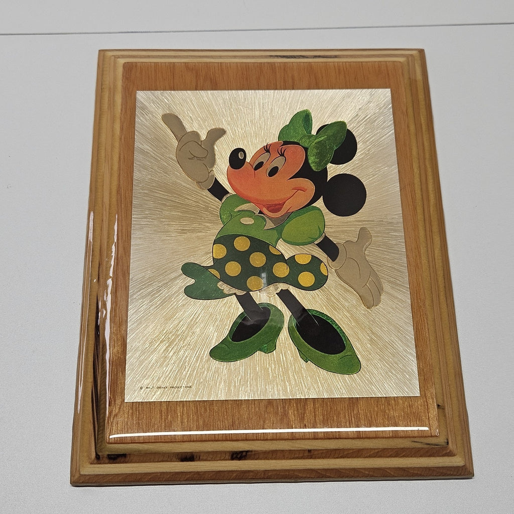 VTG 1980’s Minnie Mouse Wood Foil Art Epoxy Wood Frame Prism Plaque Collectible