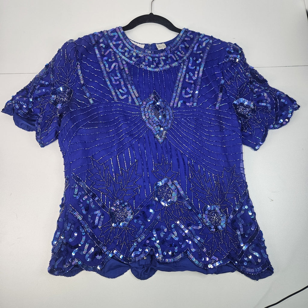 Sequin Beaded Silk Top 90s Vintage Royal Blue Blouse Gatsby Glam Party Large