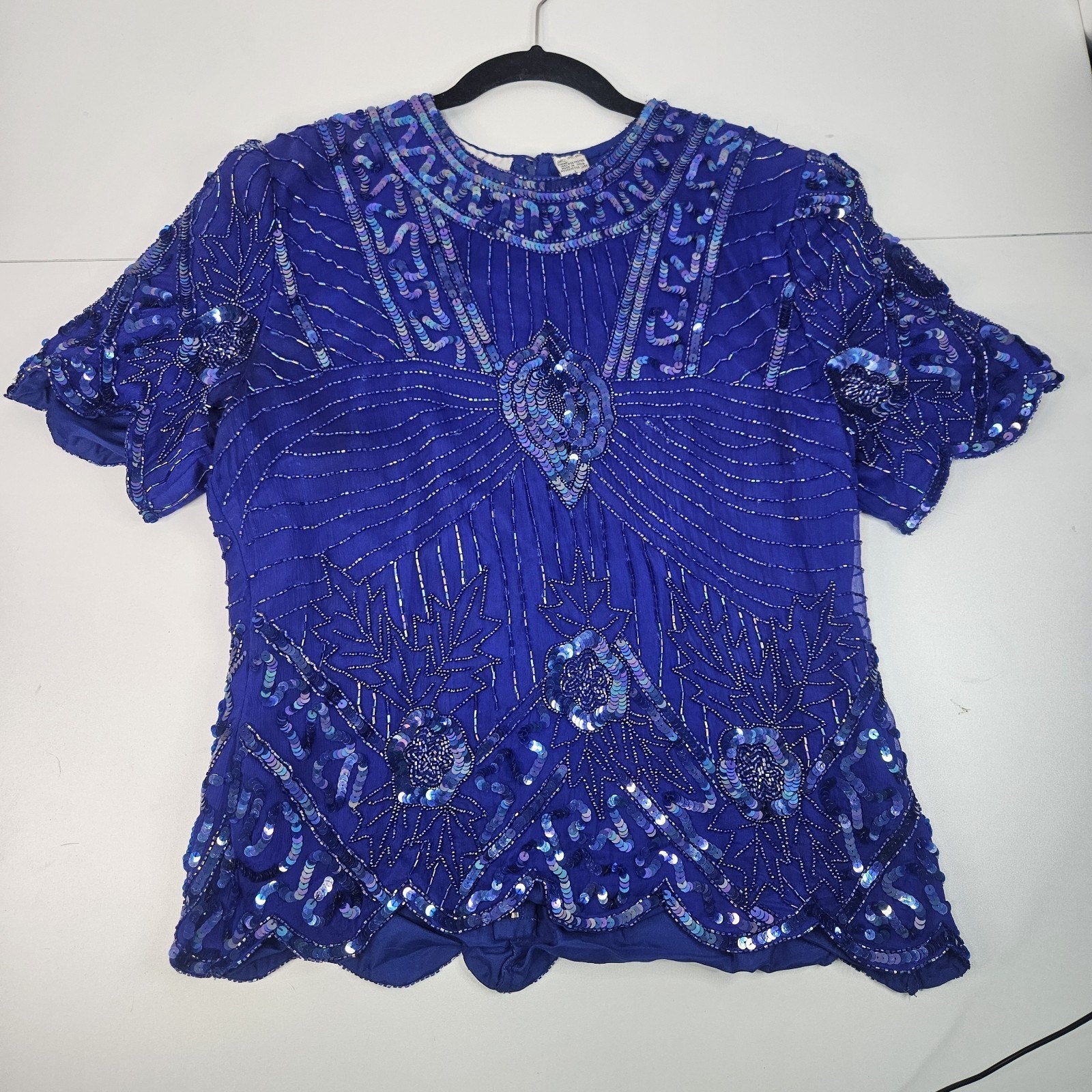 Sequin Beaded Silk Top 90s Vintage Royal Blue Blouse Gatsby Glam Party Large