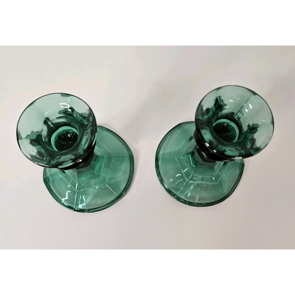Vintage Indiana Glass Green Candlestick Holders 4.25" Pair Mid-Century Holiday